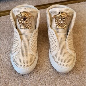 Versace White Studded Slip-On Sneakers with Gold Emblem